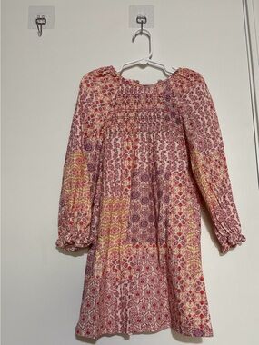 Zara Pink Multi-Pattern Smocked Long-Sleeve Dress
